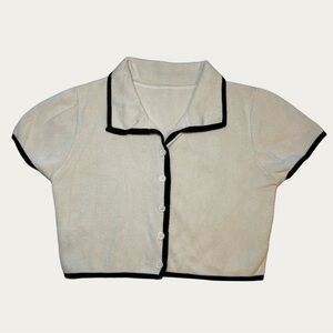 Cream Cropped Button-Up Top with Black Trim